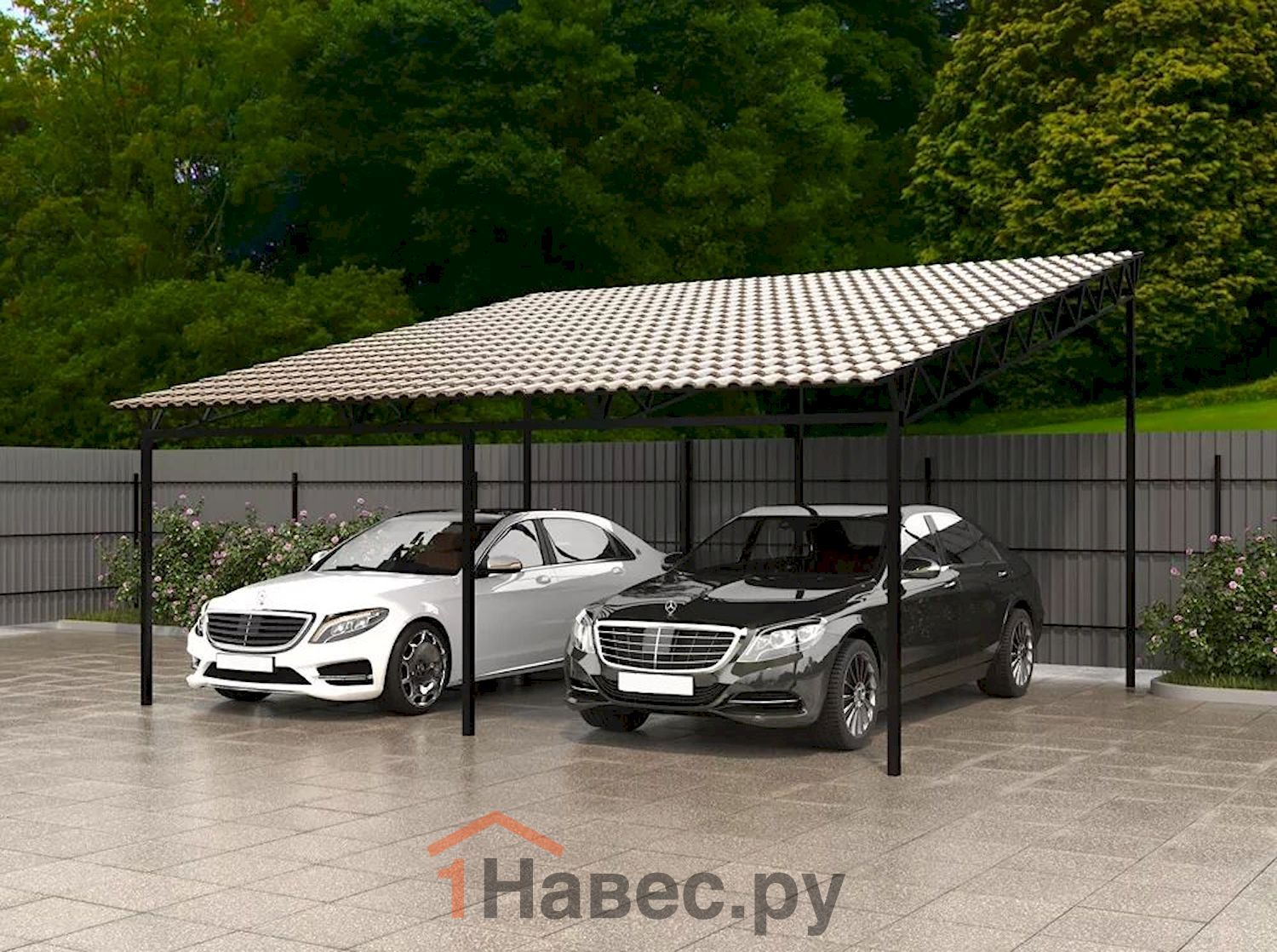 Односкатный автомобильный навес из металлочерепицы